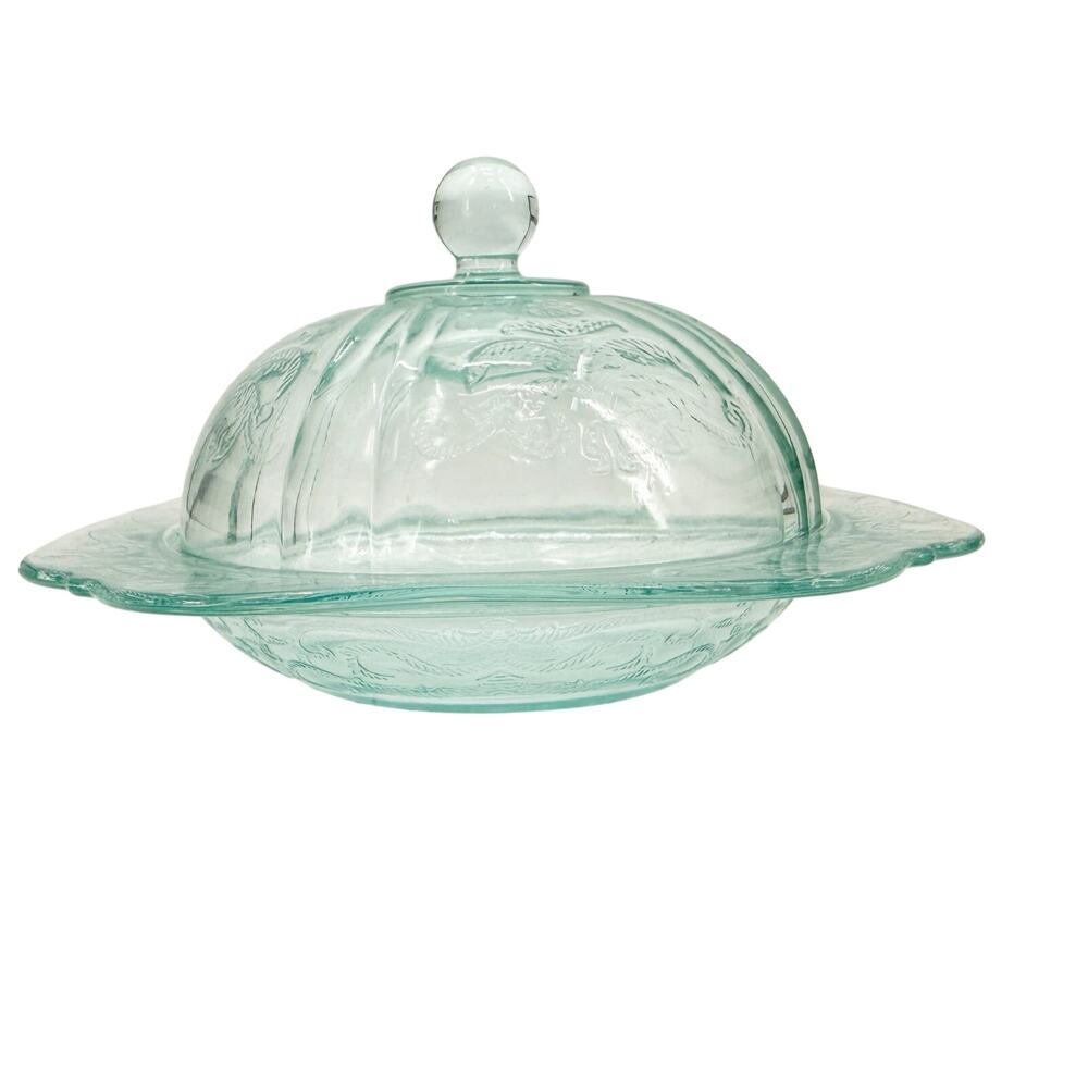 vintage Indiana Recollection teal Green Covered Butter round glass Dish & Lid